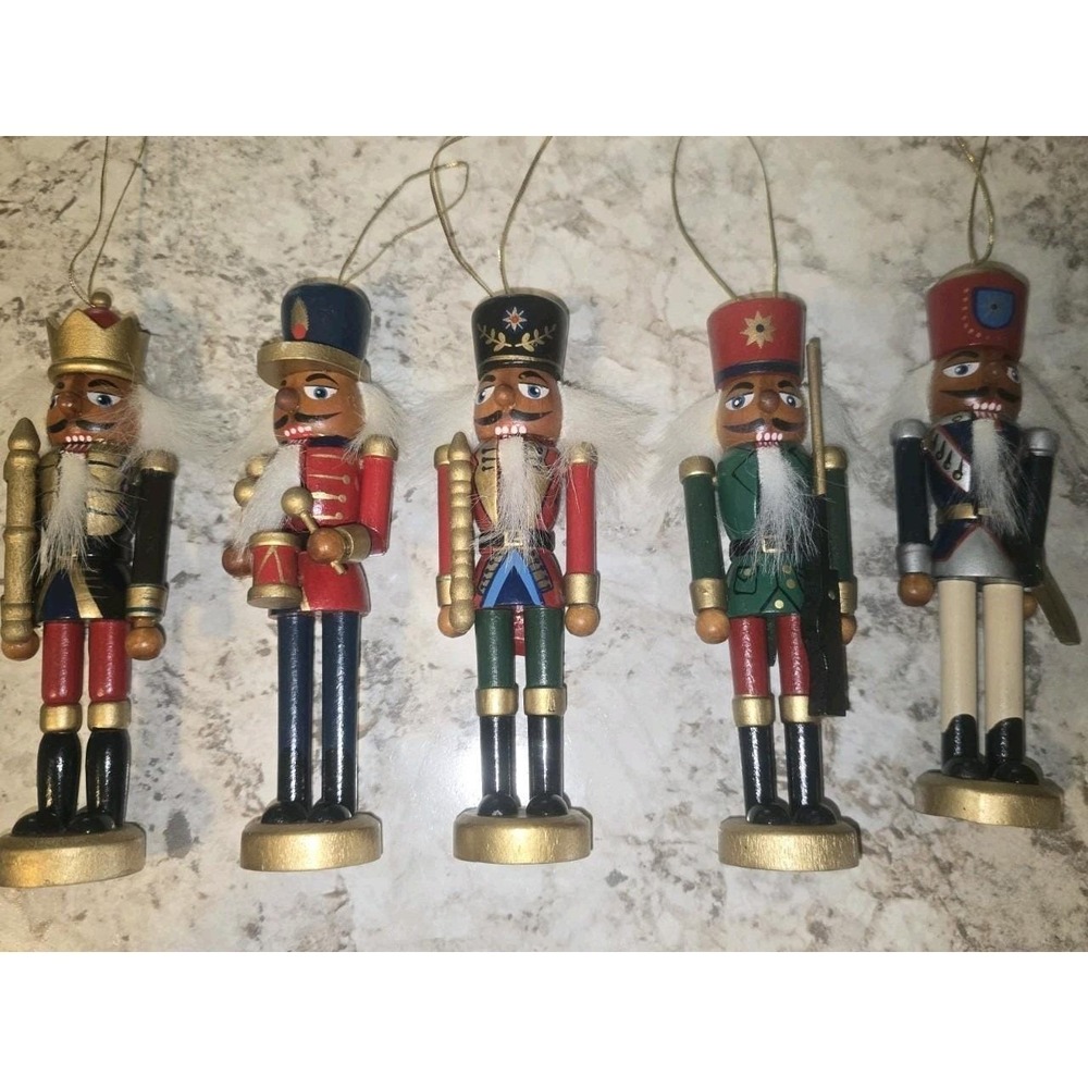 Set Of 5 Ethnic Wooden Nutcracker Soldier Hand Painted Christmas Ornaments 6"